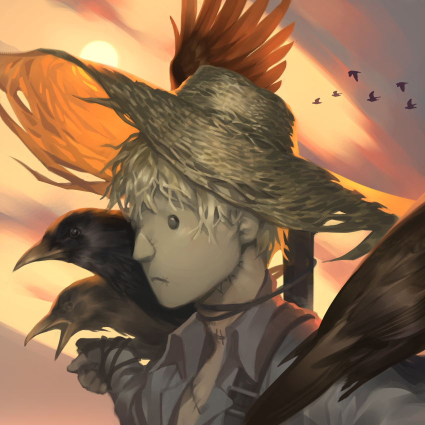 1boy, absurdres, bird, black_eyes, blonde_hair, brown_hat, collared_shirt, commentary