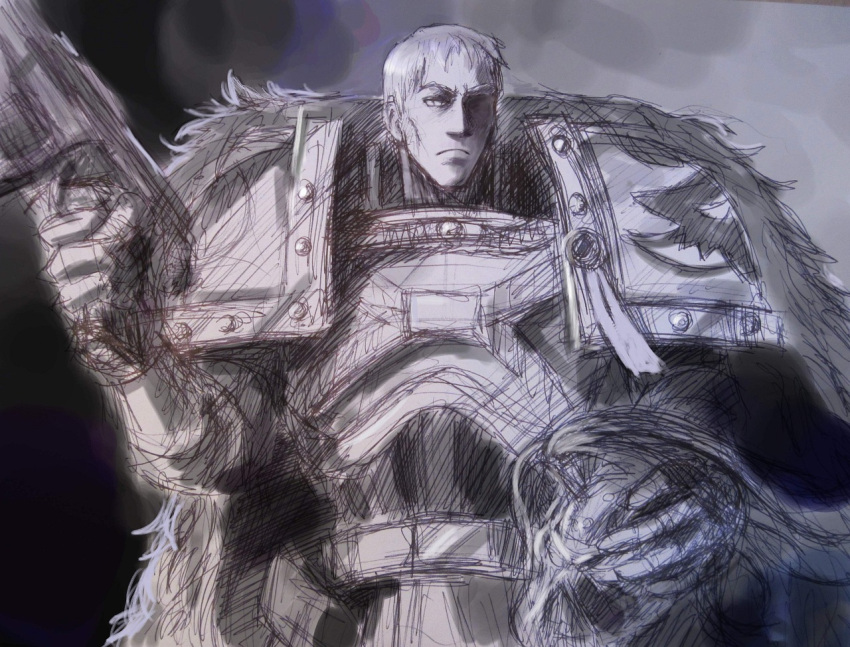 armor, elizaveta_bikuin, full_armor, fur, garviel_loken, grey, grey_background, helmet, male, monochrome, pauldrons, purity_seal, serious, short_hair, solo, space_marines, warhammer_40k