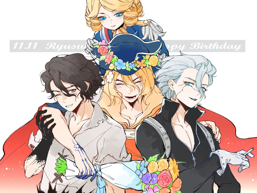 1other, 3boys, absurdres, black_hair, blonde_hair, blue_eyes, bouquet, cape