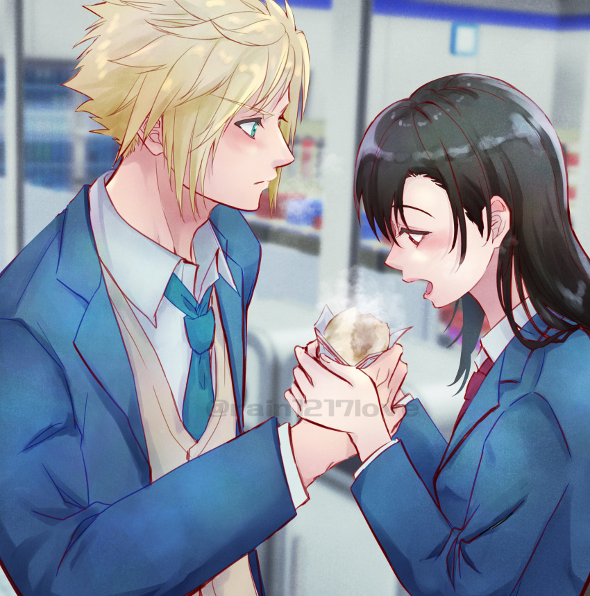 1boy, 1girl, absurdres, black_hair, blonde_hair, blue_jacket, blue_necktie, blurry