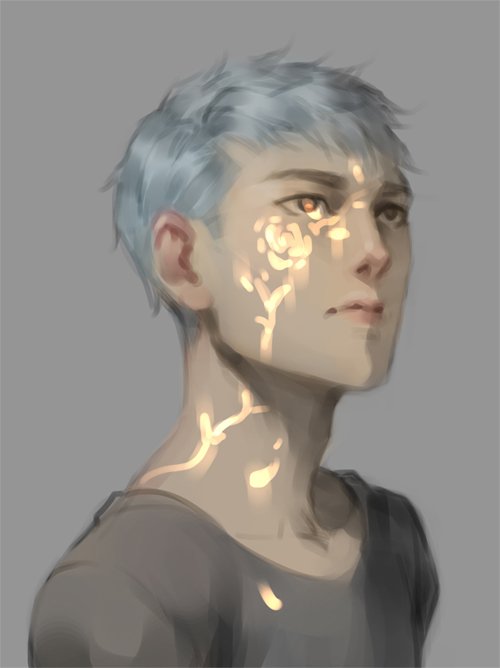 1boy, brown_eyes, closed_mouth, collarbone, commentary, english_commentary, facial_mark, grey_background
