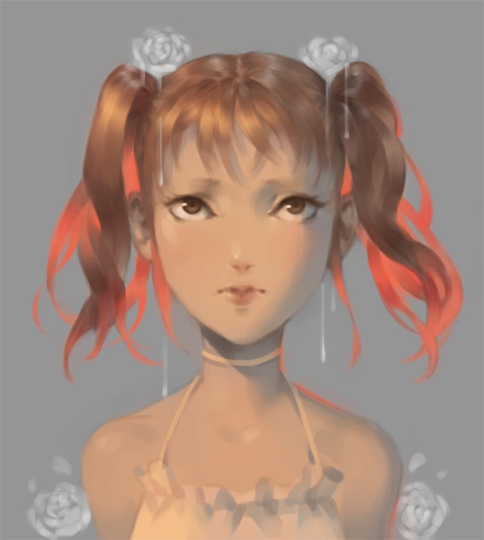 1girl, brown_eyes, brown_hair, choker, choppy_bangs, closed_mouth, commentary, dress