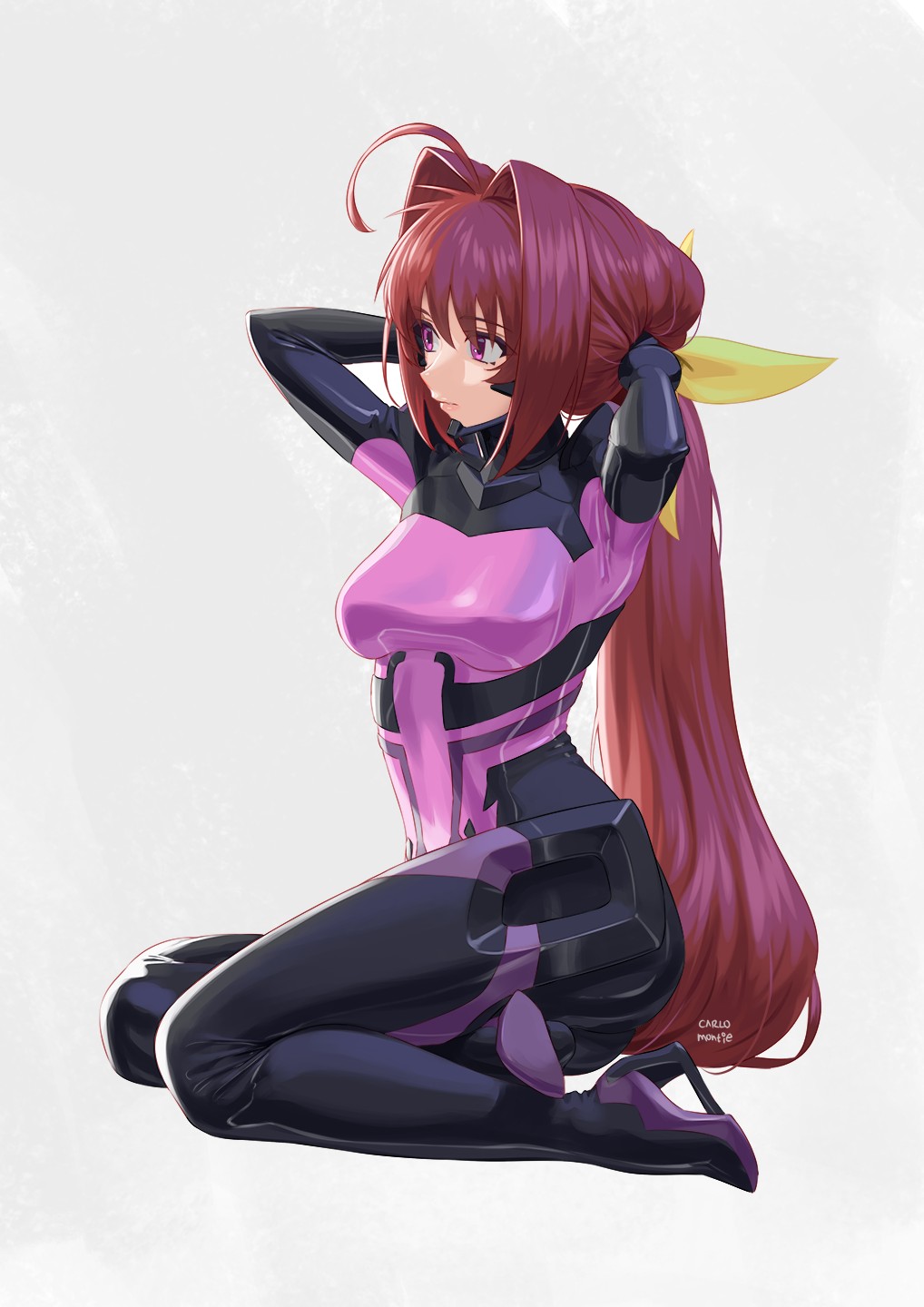 1girl, ahoge, armored_bodysuit, artist_name, bodysuit, boots, bow, breasts, carlo_montie, commission, fortified_suit, fortified_suit_(kagami_sumika), full_body, hair_bow, hair_intakes, hands_in_own_hair, high_heel_boots, high_heels, highres, impossible_bodysuit, impossible_clothes, kagami_sumika, long_hair, low_ponytail, mecha_pilot_suit, medium_breasts, muv-luv, muv-luv_alternative, pink_bodysuit, ponytail, red_eyes, red_hair, simple_background, sitting, skin_tight, solo, tying_hair, very_long_hair, yellow_bow, yokozuwari
