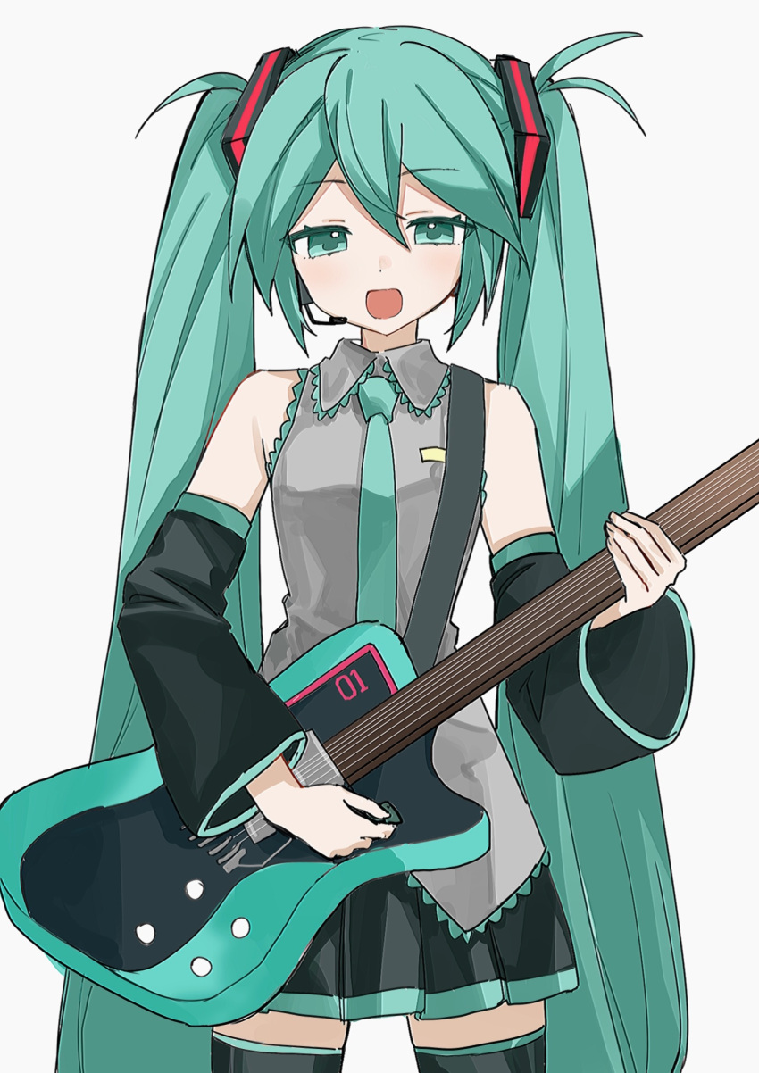 1girl, aqua_eyes, aqua_hair, aqua_necktie, bare_shoulders, black_skirt, commentary, detached_sleeves, electric_guitar, esp_stream-miku-custom, grey_shirt, guitar, hair_between_eyes, hatsune_miku, headset, highres, holding, holding_guitar, holding_instrument, instrument, long_hair, looking_at_viewer, music, necktie, open_mouth, playing_instrument, pleated_skirt, shirt, simple_background, singing, skirt, sleeveless, sleeveless_shirt, solo, symbol-only_commentary, twintails, vocaloid, white_background, yukia_1128, zettai_ryouiki