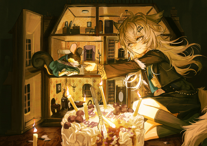 absurdres, animal, animal_ears, arknights, birthday_cake, black_jacket, black_socks, cake