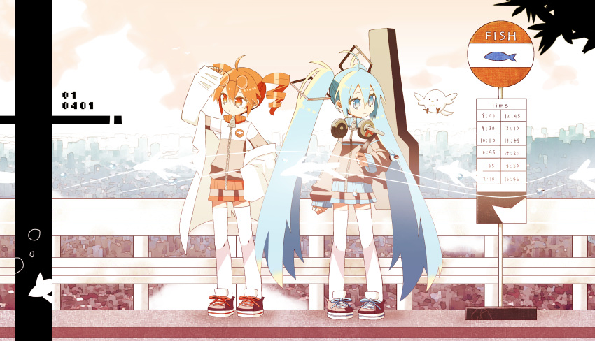 2girls, absurdres, ahoge, alternate_costume, bird, blue_hair, bus_stop, coat, commentary, drill_hair, eyewear_on_head, fish, glasses, grey_jacket, guitar_case, hand_up, hatsune_miku, headphones, headphones_around_neck, highres, instrument_case, jacket, kasane_teto, long_hair, mido_(gomachaxx), miniskirt, multiple_girls, open_clothes, open_coat, orange_eyes, orange_hair, outdoors, railing, shoes, skirt, sneakers, standing, symbol-only_commentary, thigh-highs, twin_drills, twintails, utau, very_long_hair, vocaloid, white_coat, white_thighhighs