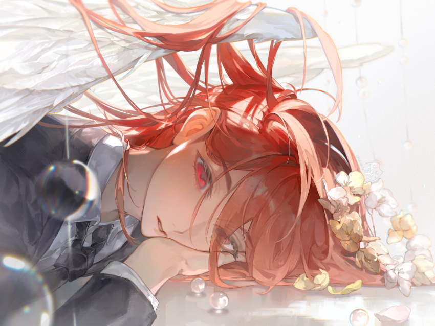 1boy, absurdres, angel_devil_(chainsaw_man), angel_wings, black_necktie, black_suit, blurry, bubble