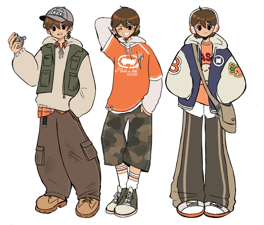 1boy, :3, arm_behind_head, arm_up, bag_charm, baseball_cap, black_eyes, black_pants