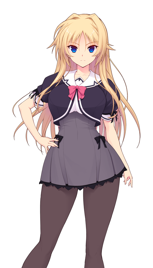 1girl, arm_at_side, black_bow, black_jacket, black_pantyhose, black_ribbon, blonde_hair, blue_eyes, bow, bowtie, breasts, closed_mouth, contrapposto, cropped_jacket, dress, erika_la_etienne, feet_out_of_frame, game_cg, grey_skirt, hair_intakes, hand_on_own_hip, high-waist_skirt, jacket, kourin_tenshi_en_ciel_rena, lace, lace-trimmed_dress, lace-trimmed_skirt, lace_trim, large_breasts, large_variant_set, legs_apart, long_hair, looking_at_viewer, miniskirt, non-web_source, official_art, pantyhose, pink_bow, pink_bowtie, pleated_skirt, puffy_short_sleeves, puffy_sleeves, ribbon, saitou_natsuki, school_uniform, shirt, short_sleeves, sidelocks, simple_background, skirt, solo, standing, suhamaya, transparent_background, v-shaped_eyebrows, variant_set, white_shirt, yurigaoka_girls_academy_school_uniform