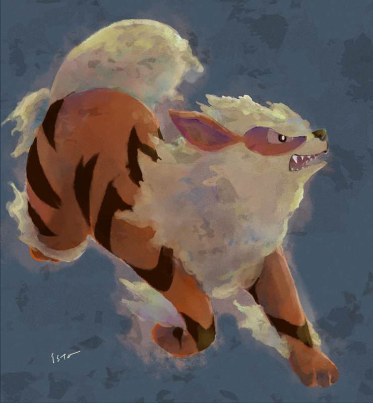 animal_focus, animal_hands, arcanine, black_eyes, blue_background, dog, fangs, fangs_out