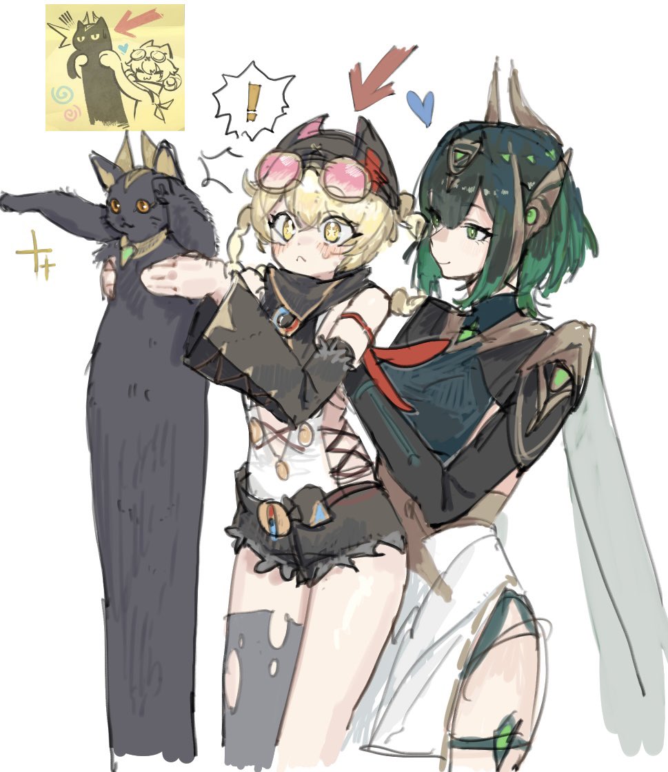 !, 2girls, :<, animal, arrow_(symbol), ashru_(genshin_impact), black_cat, black_hair