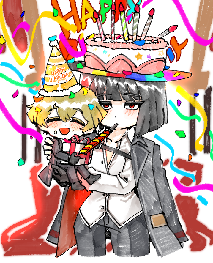 1girl, birthday, birthday_cake, black_coat, black_gloves, black_hair, black_pants, black_shoes