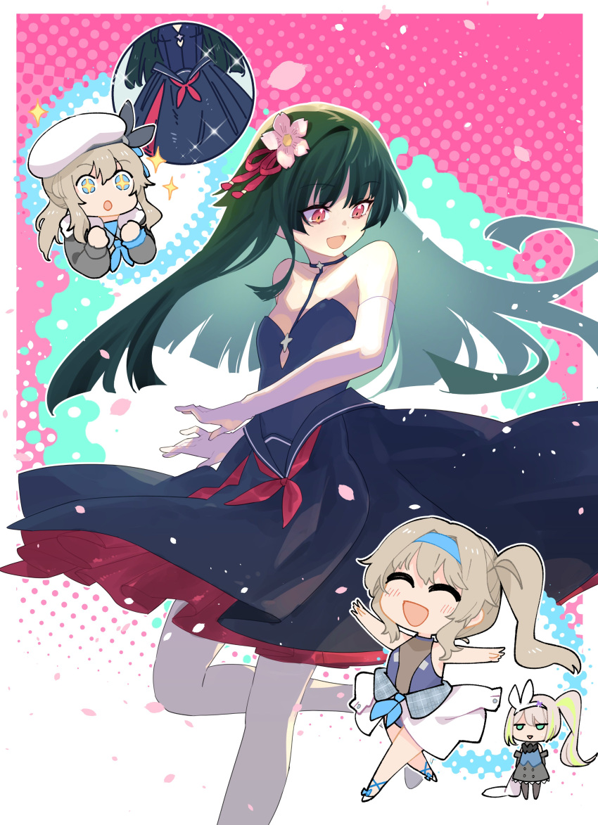 3girls, absurdres, black_dress, black_hair, blonde_hair, bow_hairband, breasts, closed_eyes