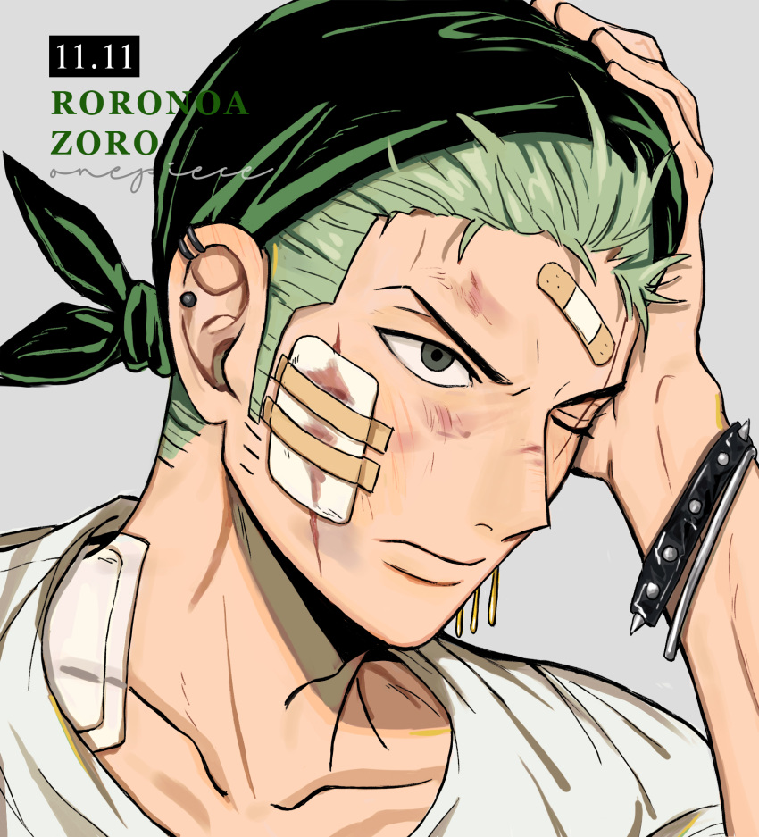 1boy, adam's_apple, arm_up, bandaid, bandana, blood, blood_on_face, bracelet