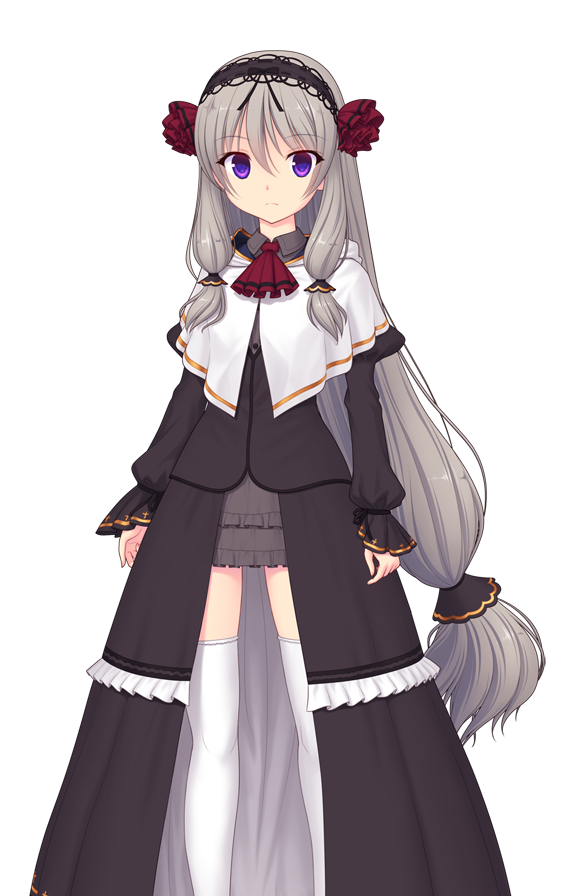 1girl, ascot, black_dress, capelet, closed_mouth, dress, expressionless, flower