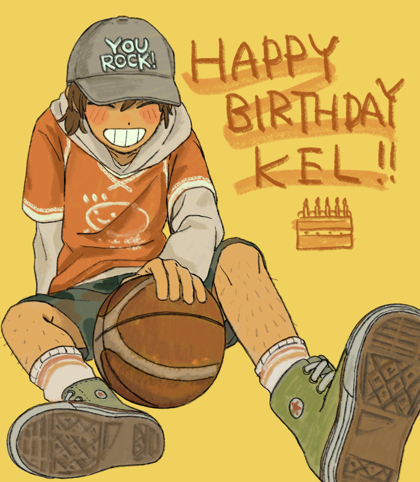 1boy, ball, baseball_cap, basketball_(object), blush, character_name, closed_eyes, dark-skinned_male
