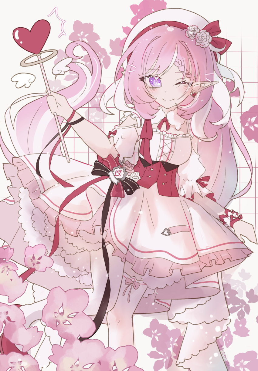 1girl, ;), alternate_costume, beret, breasts, chinese_commentary, commentary_request, diamond-shaped_pupils, diamond_(shape), dress, earrings, elf, elysia_(hi_love_elf)_(honkai_impact), elysia_(honkai_impact), flower, hat, heart, heart_earrings, highres, holding, holding_staff, honkai_(series), honkai_impact_3rd, jewelry, long_hair, looking_at_viewer, medium_breasts, multicolored_hair, one_eye_closed, pink_hair, pointy_ears, smile, solo, staff, symbol-shaped_pupils, thigh-highs, two-tone_hair, very_long_hair, violet_eyes, white_dress, white_hair, white_thighhighs, wiskyzhihuicangqiong
