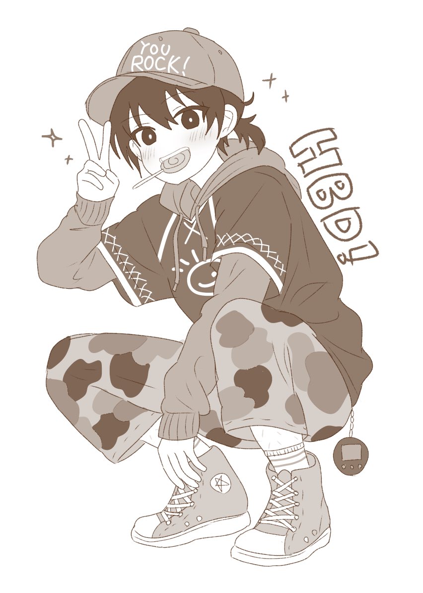 1boy, baseball_cap, blush, bright_pupils, camouflage, camouflage_pants, candy, food