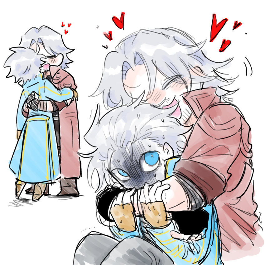 2boys, beard_stubble, black_gloves, blue_coat, blue_eyes, brothers, closed_eyes, coat