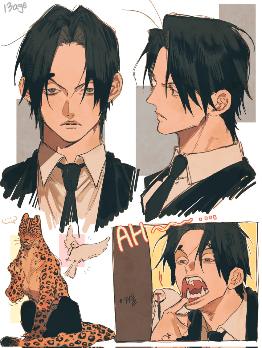 animal, animalization, bird, black_hair, black_jacket, black_necktie, blue_eyes, closed_mouth