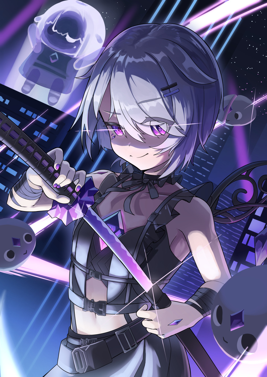 1girl, absurdres, black_ribbon, black_shirt, black_skirt, city, closed_mouth, cracked_skin