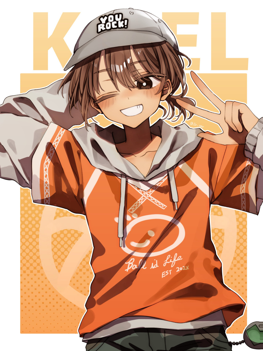 1boy, absurdres, baseball_cap, black_eyes, blush, bright_pupils, brown_hair, camouflage, camouflage_shorts, collarbone, dark-skinned_male, dark_skin, grey_hat, grin, hanabata0320, hat, highres, hood, hoodie, kel_(birthday)_(omori), kel_(faraway)_(omori), kel_(omori), long_sleeves, looking_at_viewer, low_ponytail, male_focus, omori, one_eye_closed, open_mouth, orange_hoodie, ponytail, short_hair, short_ponytail, shorts, smile, solo, teeth, v, white_pupils