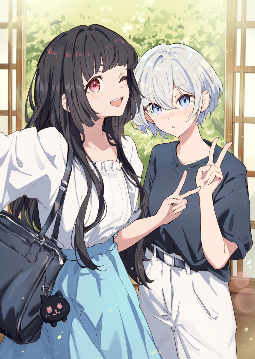2girls, ;d, absurdres, bag, bag_charm, belt, black_hair, black_shirt