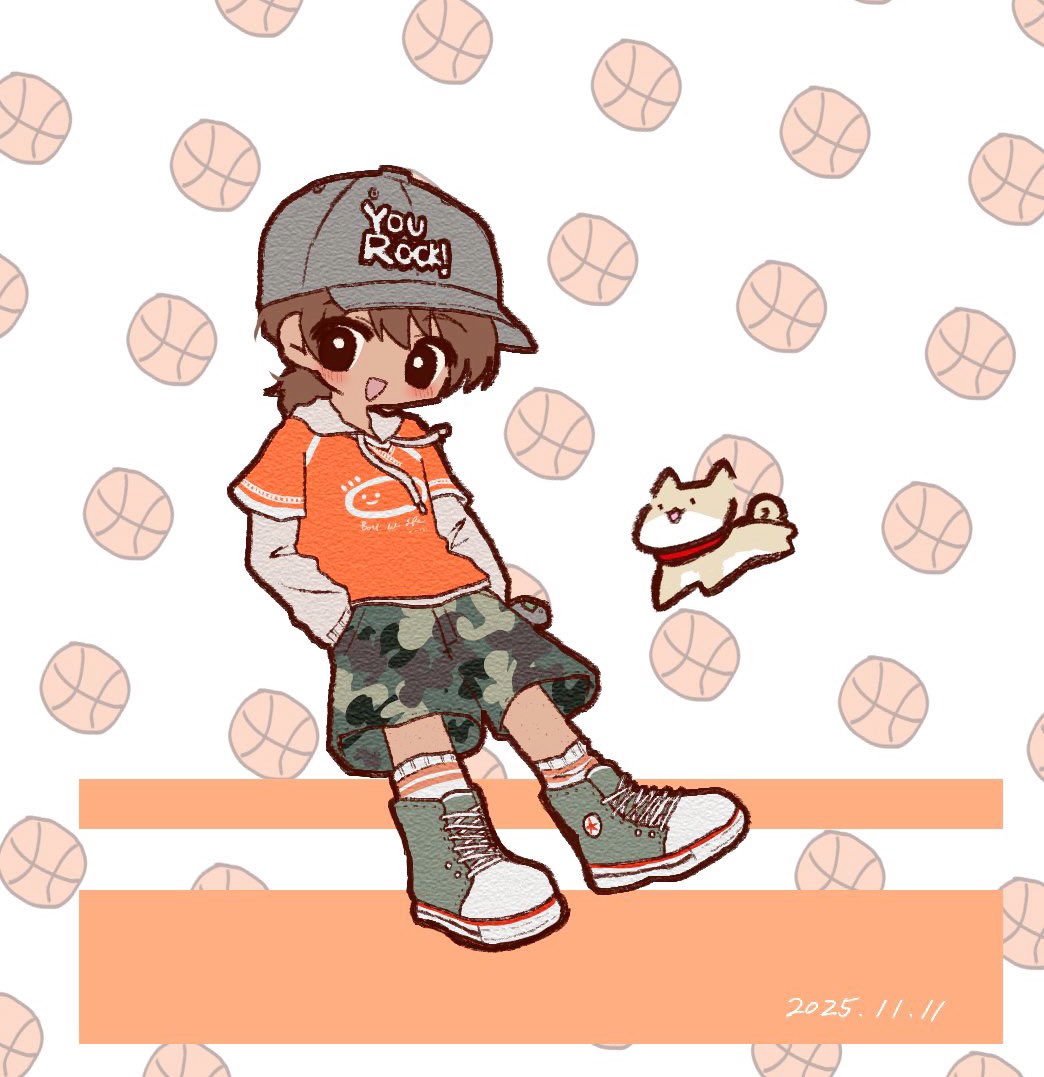 1boy, baseball_cap, black_eyes, blush, brown_hair, camouflage, camouflage_shorts, chibi, chibi_only, commentary, dark-skinned_male, dark_skin, dated, dog, full_body, green_shoes, grey_hat, hair_between_eyes, hands_in_pockets, hat, hector_(omori), hood, hood_down, hoodie, kel_(birthday)_(omori), kel_(faraway)_(omori), kel_(omori), long_sleeves, low_ponytail, male_focus, omori, open_mouth, orange_hoodie, ponytail, shoes, short_hair, short_ponytail, shorts, smile, sneakers, socks, solo, symbol-only_commentary, true_erg, white_socks