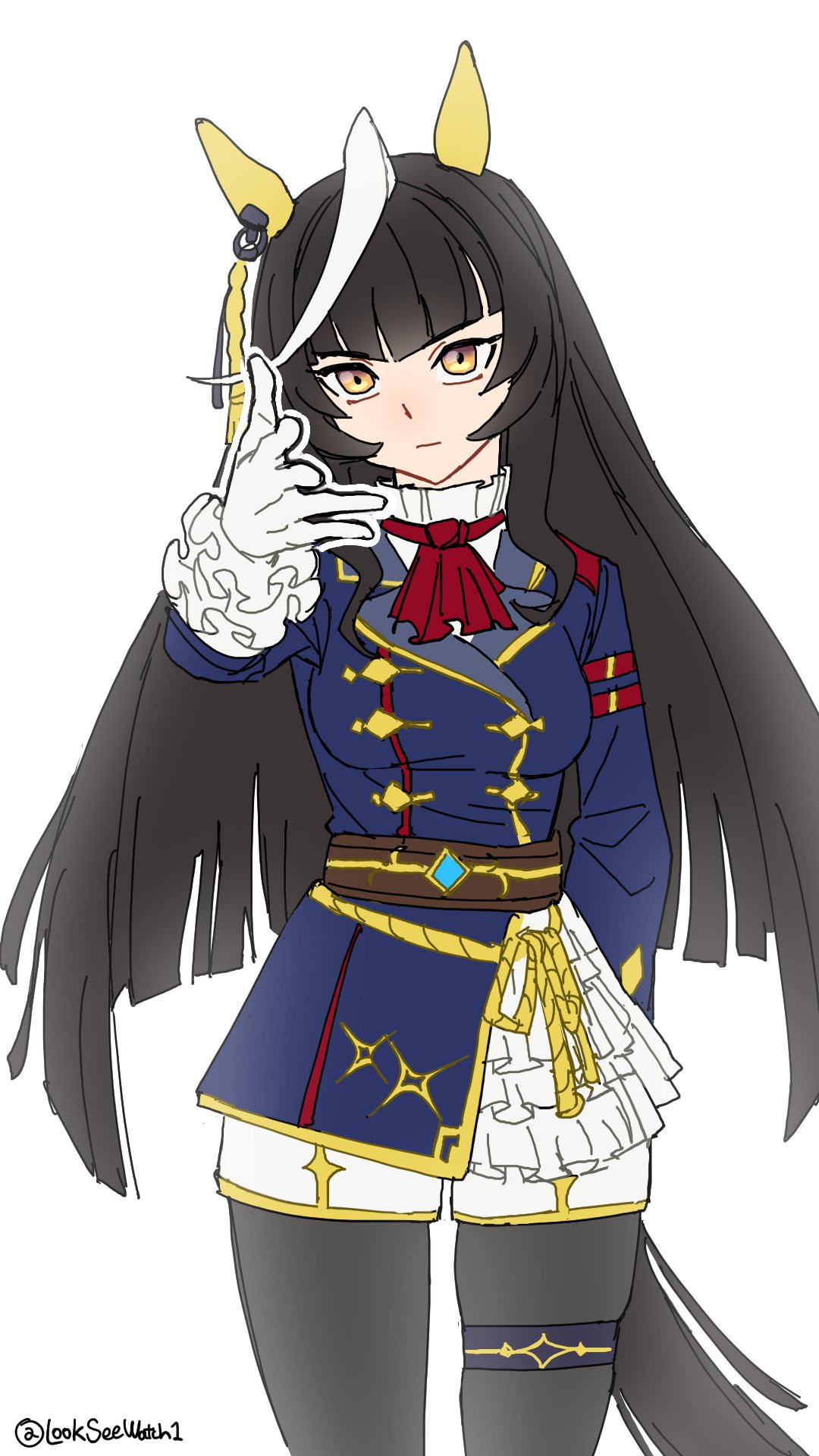 1girl, ahoge, animal_ears, ascot, belt, black_hair, black_thighhighs, blue_coat