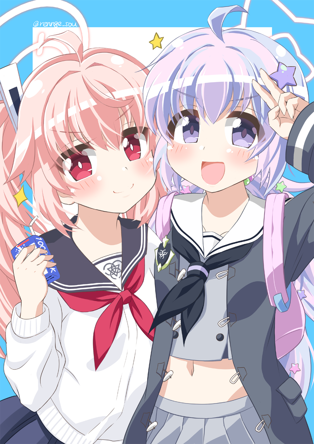 2girls, :d, ahoge, arm_up, backpack, bag, blue_archive, blush