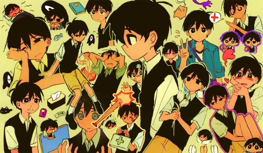 >_<, 0_scyf, 1boy, 3;, @_@, animal, animal_charm, bare_arms