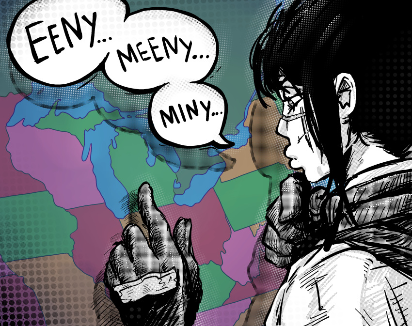 1girl, absurdres, cape, chainsaw_man, gloves, highres, long_hair, map, partially_colored, scar, scar_on_cheek, scar_on_face, scar_on_nose, sharpski, shirt, solo, speech_bubble, united_states, yoru_(chainsaw_man)