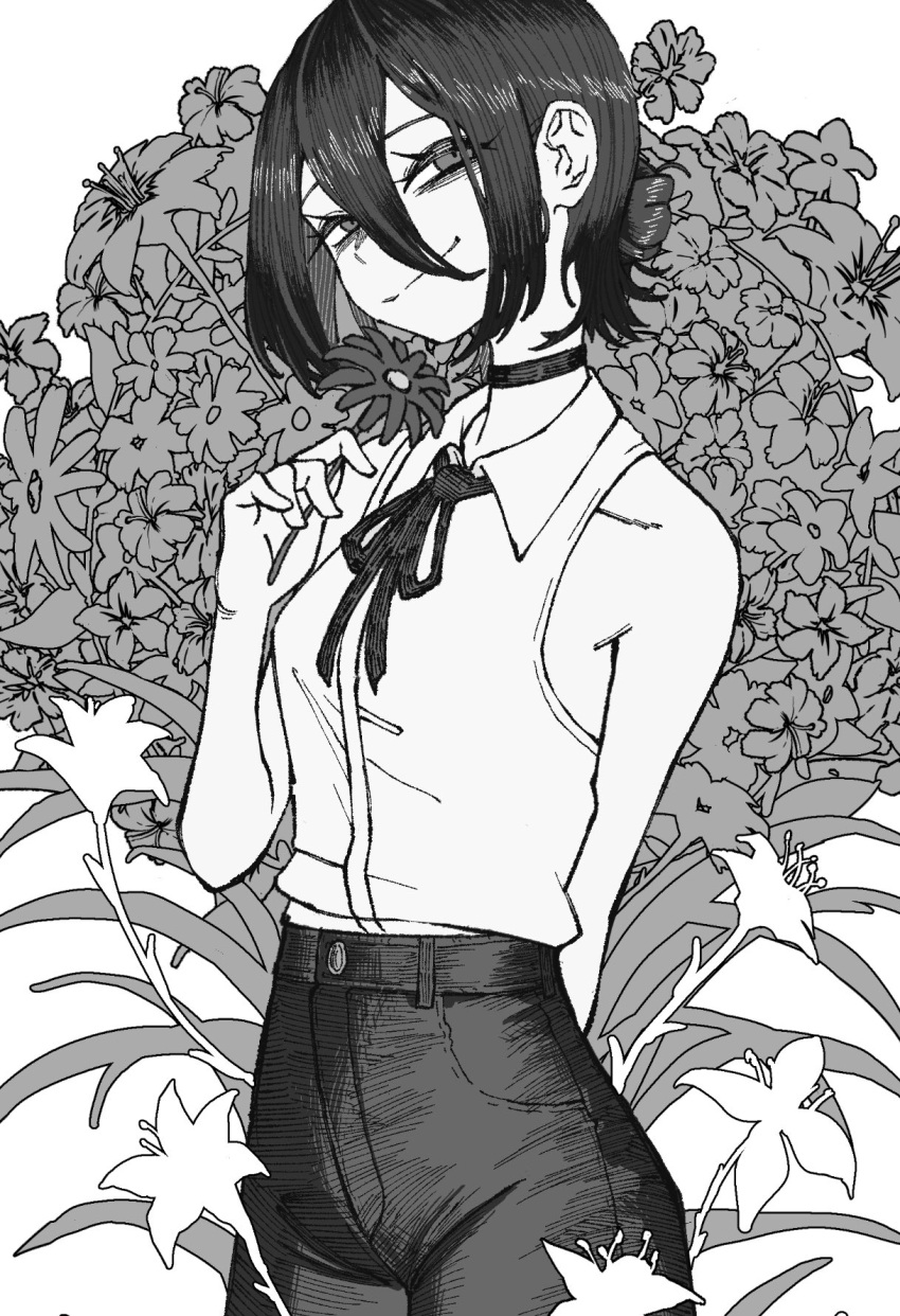 1girl, breasts, chainsaw_man, choker, closed_mouth, collared_shirt, floral_background, flower, greyscale, hair_between_eyes, hair_bun, haruchan, highres, holding, holding_flower, light_smile, monochrome, neck_ribbon, reze_(chainsaw_man), ribbon, shirt, shirt_tucked_in, sleeveless, sleeveless_shirt, small_breasts, solo