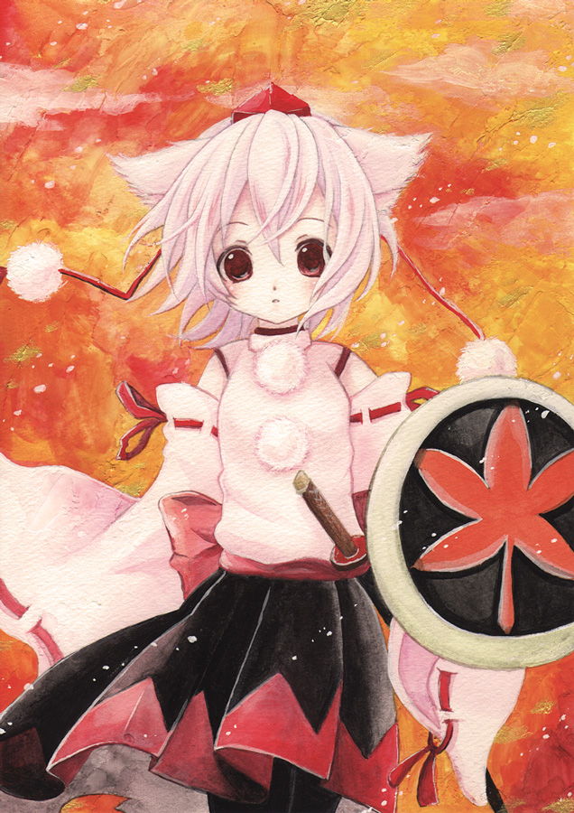 bad_id, cana, cana_(calm), detached_sleeves, hat, inubashiri_momiji, red_eyes, shield, short_hair, sword, tokin_hat, touhou, weapon, white_hair, wolf_ears