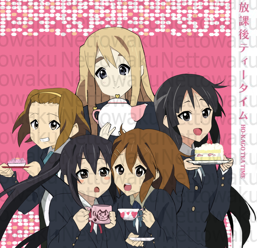 2000s_(style), 5girls, akiyama_mio, black_hair, blonde_hair, brown_eyes, brown_hair, cake