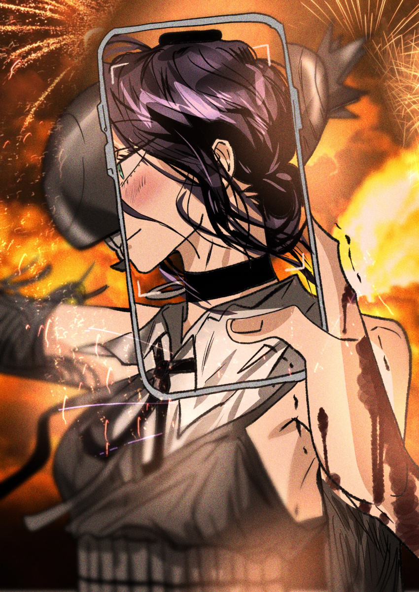 1girl, 1other, aerial_fireworks, apron, black_apron, black_choker, black_gloves, black_ribbon