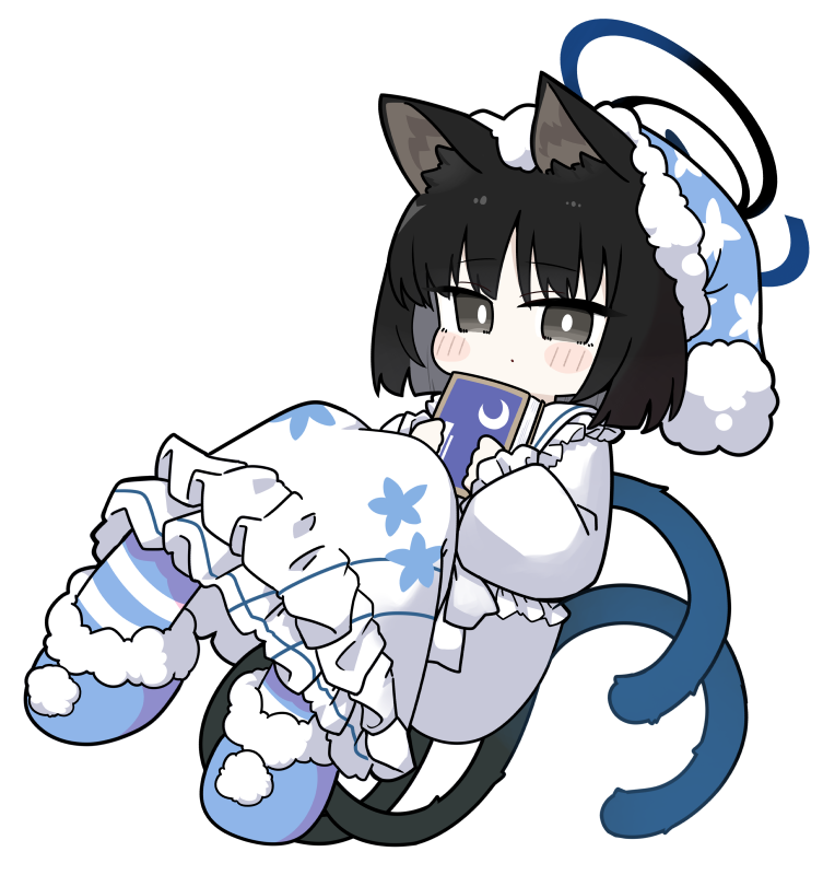 1girl, animal_ear_fluff, animal_ears, black_hair, blue_archive, blue_hat, blue_slippers, blush_stickers, book, cat_ears, cat_girl, cat_tail, chibi, closed_mouth, commentary_request, crescent, dress, frilled_dress, frilled_sleeves, frills, full_body, fur-trimmed_headwear, fur-trimmed_slippers, fur_trim, grey_eyes, halo, hat, holding, holding_book, kikyou_(blue_archive), long_sleeves, looking_at_viewer, miranofuudoria, multiple_tails, nightcap, pantyhose, puffy_long_sleeves, puffy_sleeves, simple_background, slippers, solo, striped_clothes, striped_pantyhose, tail, two_tails, white_background, white_dress