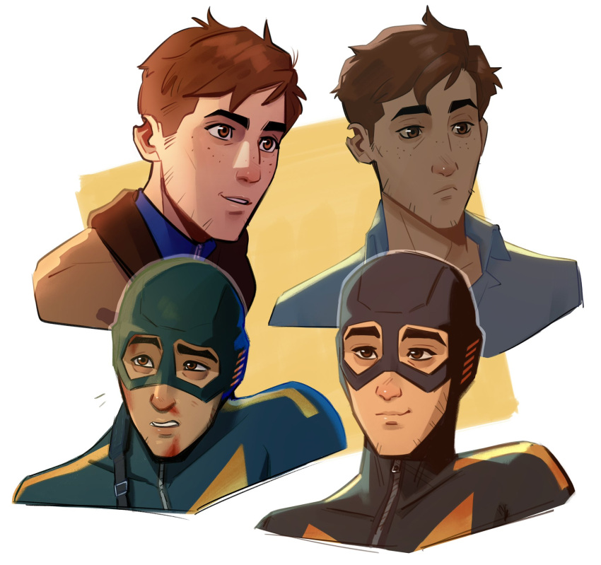 1boy, blood, blood_on_face, blue_shirt, bodysuit, brown_eyes, brown_hair, brown_jacket