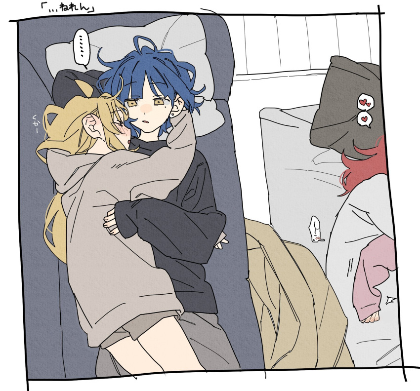 4girls, black_sweater, blonde_hair, blue_hair, blush, bocchi_the_rock!, closed_eyes, couch, cuddling, dayama, from_above, futon, gotoh_hitori, grey_hoodie, hand_blush, heart, highres, hood, hoodie, ijichi_nijika, kessoku_band, kita_ikuyo, long_hair, multiple_girls, on_couch, open_mouth, parted_lips, pillow, red_hair, short_hair, spoken_heart, sweater, yamada_ryo, yellow_eyes, yuri