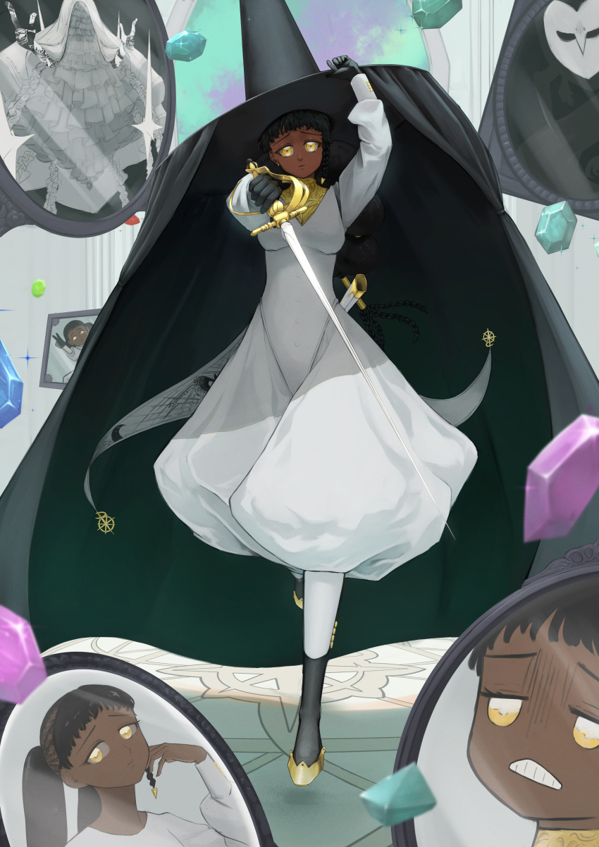 1girl, absurdres, black_gloves, black_hair, braid, breasts, commentary_request, dark-skinned_female, dark_skin, desscaras, gem, gloves, golconda_(madan_no_ichi), hair_ornament, hat, highres, holding, holding_sword, holding_weapon, iskandar_(madan_no_ichi), madan_no_ichi, majik_(madan_no_ichi), ne_ro28, scabbard, sheath, sword, v, weapon, witch_hat, yellow_eyes