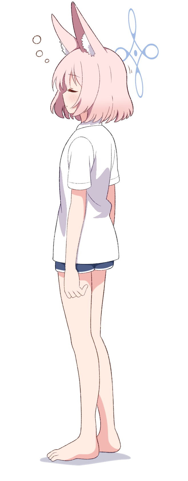 1girl, alternate_costume, alternate_hairstyle, animal_ear_fluff, animal_ears, arms_at_sides, bare_legs, barefoot