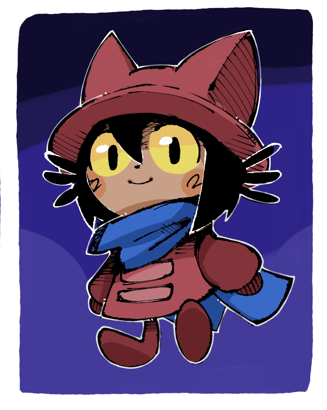 1other, alternate_hair_color, animal_hat, black_hair, blue_background, blue_scarf, blush, border