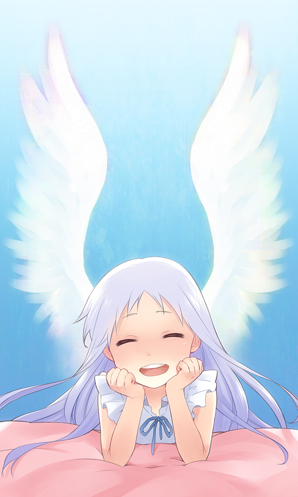 326, :d, angel_wings, ano_hi_mita_hana_no_namae_wo_bokutachi_wa_mada_shiranai, closed_eyes, eyes_closed, happy, honma_meiko, long_hair, open_mouth, smile, solo, white_hair, wings