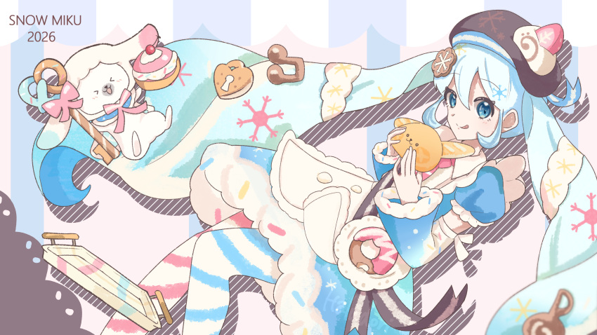 >_<, 1girl, 1other, absurdres, animal, beret, blue_dress, bread