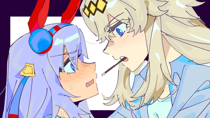 2girls, animal_ears, blue_eyes, blue_hairband, blue_jacket, blush, chocolate, ear_covers