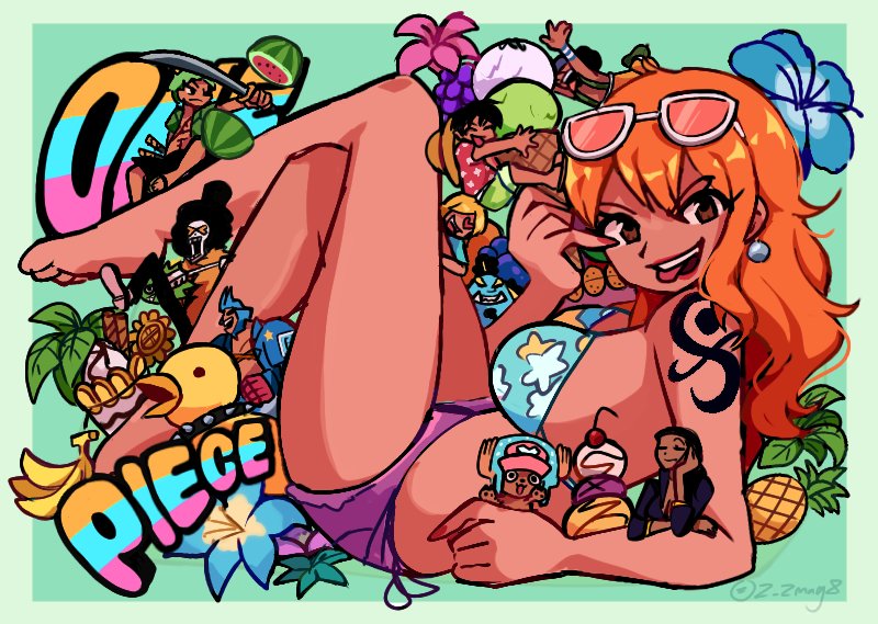 bikini, breasts, brook_(one_piece), food, franky_(one_piece), fruit, giant, giantess, ice_cream, jinbe_(one_piece), midriff, monkey_d._luffy, nami_(one_piece), nico_robin, one_piece, roronoa_zoro, sanji_(one_piece), smile, swimsuit, sword, tongue, tongue_out, tony_tony_chopper, usopp, weapon, z_zmag8
