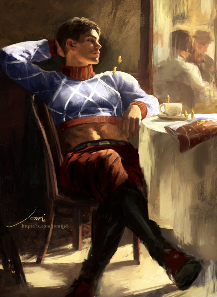 animal_print, argyle_clothes, argyle_hat, argyle_sweater, arm_behind_head, arm_up, black_boots, blue_sweater