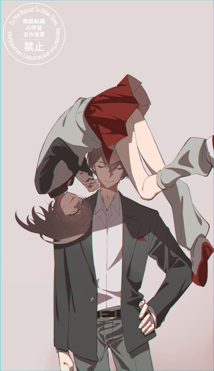 1boy, 1girl, @_@, absurdres, annoyed, asymmetrical_hair, belt, belt_buckle, black_jacket, black_shirt, blazer, brown_background, brown_hair, buckle, carrie-chan, carrie_(song), cheek_poking, chromatic_aberration, clenched_hand, closed_eyes, closed_mouth, collared_shirt, commentary, empty_eyes, floating, grey_pants, grey_socks, grey_sweater_vest, hand_on_own_hip, highres, jacket, kagami_hayato, kagami_hayato_(1st_costume), lapels, long_sleeves, looking_at_another, loose_socks, miniskirt, necktie, nijisanji, notched_lapels, open_clothes, open_jacket, pants, pleated_skirt, poking, red_necktie, red_shoes, red_skirt, school_uniform, shirt, shoes, short_hair, skirt, smile, socks, sweatdrop, sweater_vest, uwabaki, watch, watch, white_shirt, white_shoes, wing_collar, yaoya_89, yellow_eyes