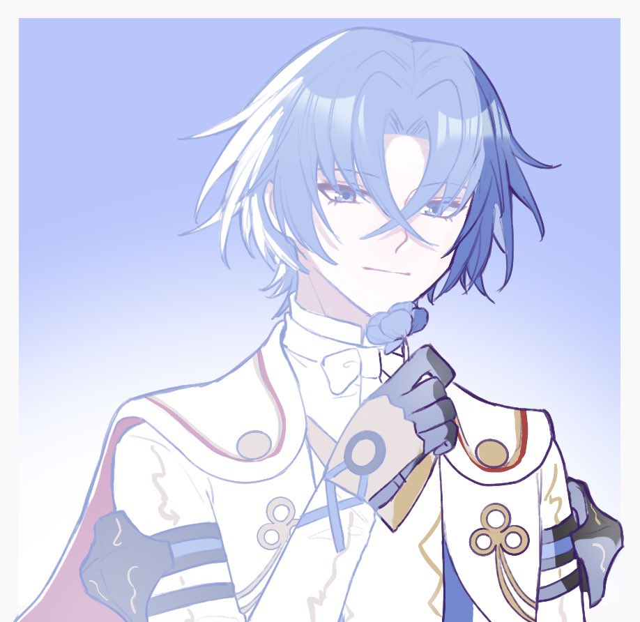 1boy, blue_eyes, blue_gloves, blue_hair, crossed_bangs, fire_emblem, fire_emblem_engage, flower