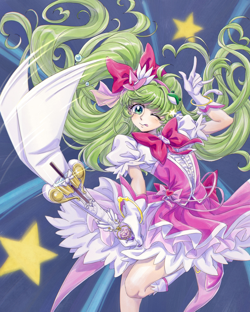 1girl, \n/, absurdres, back_bow, beads, blue_background, blush, bow